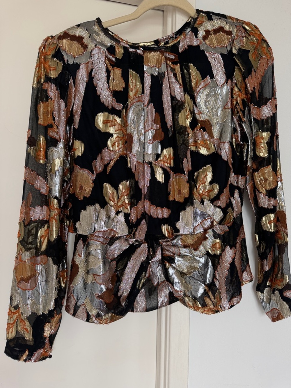 Vintage Metallic Floral Long-Sleeve Top - Black/Gold/Silver